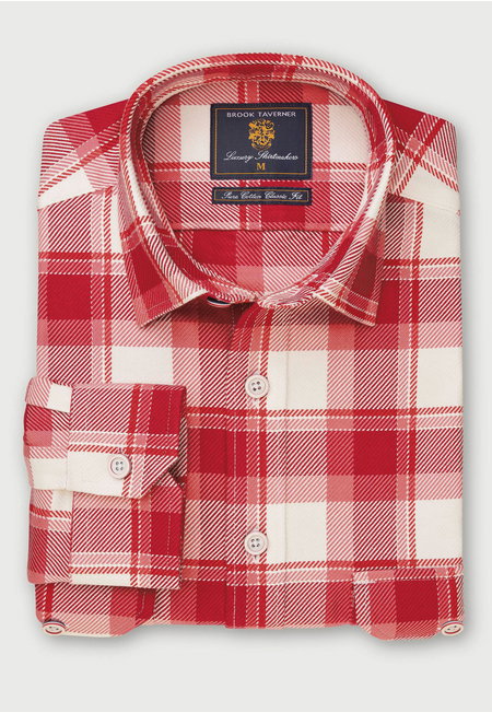 White with Strawberry Check Cotton Twill Overshirt