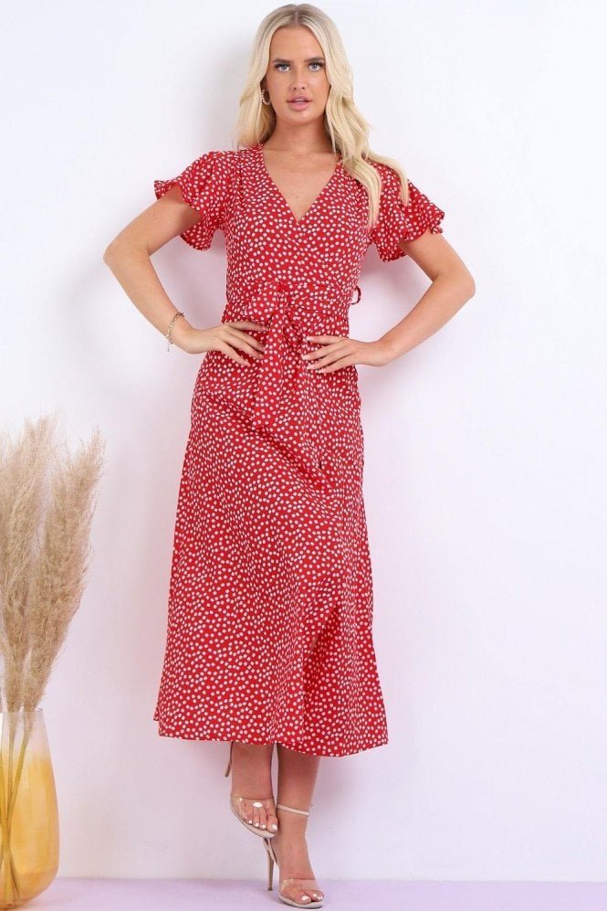 Wrap Front Split Leg Maxi Dress In Red Daisy Dot Print