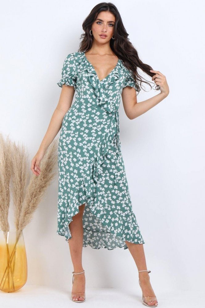 Green Floral Print Frill Wrap Midi Dress