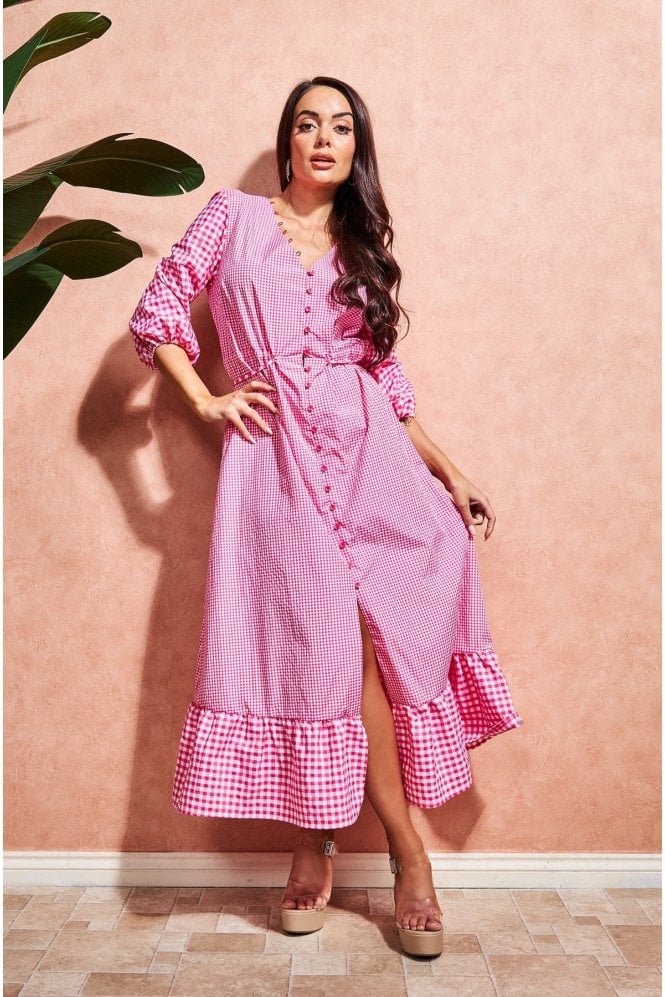 Pink Gingham Button Through Midi Dress | Sophia