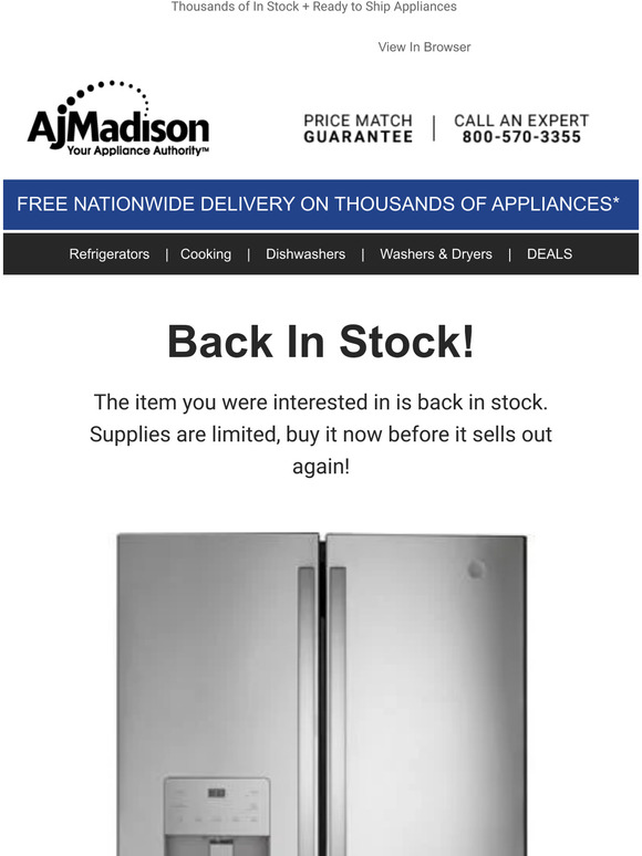Aj Madison Back in stock! GE 36 Inch French Door Refrigerator