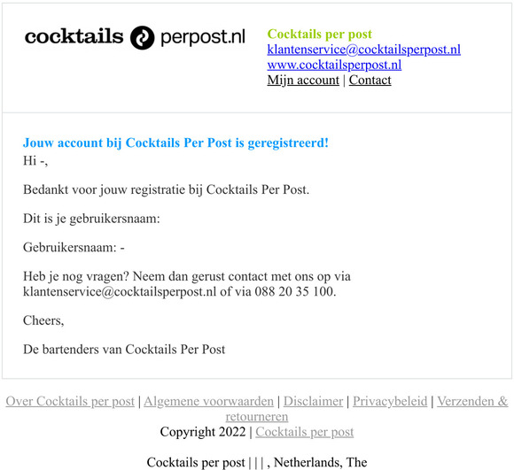 Jouw account bij Cocktails Per Post is geregistreerd!