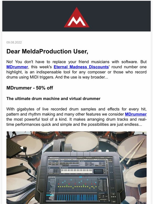 Is your drummer on vacation? Employ MDrummer - virtual drummer with 50% off