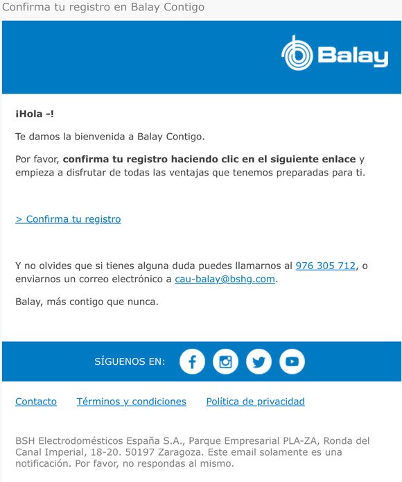 Confirma tu registro en Balay Contigo