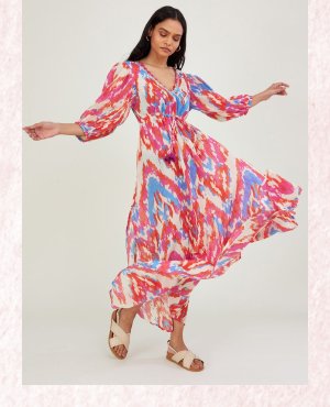 Ikat print maxi dress in sustainable cotton pink