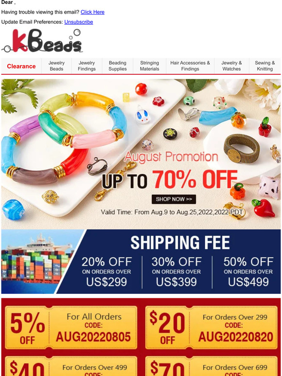 August Sale! Up to 70% OFF on Beads Supplies + Up to 50% OFF Shipping Fee Discount + US$130 Free Coupons
