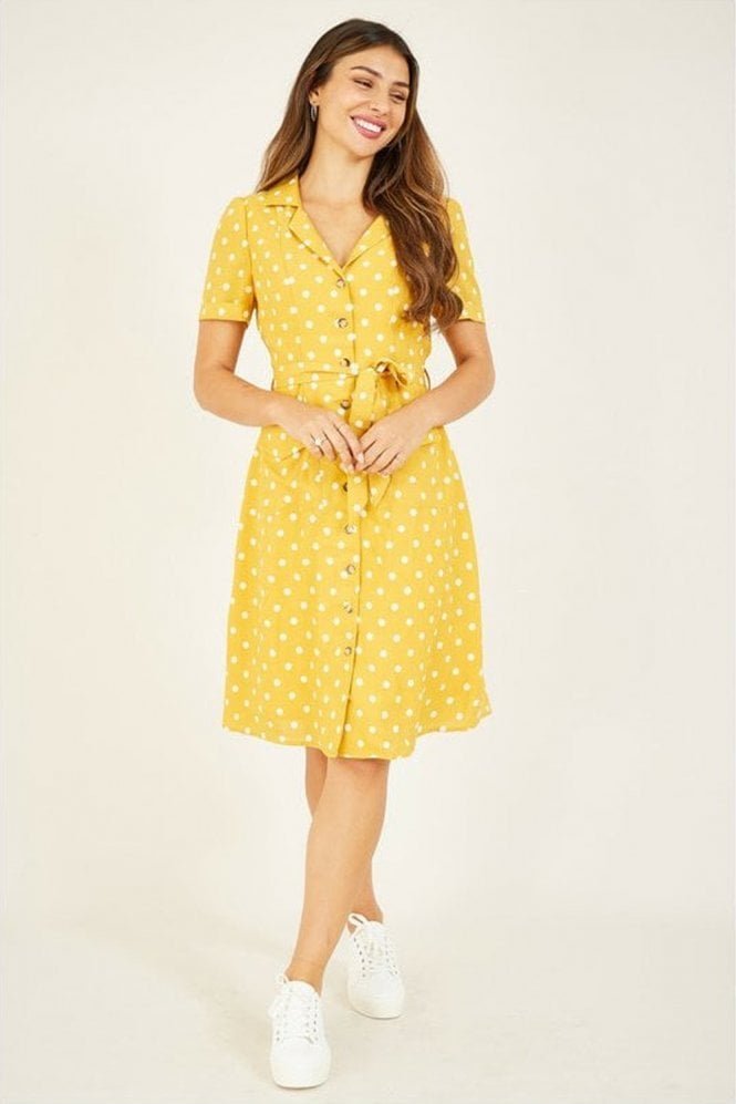 Yumi Mustard Spotted Retro Shirt Dress