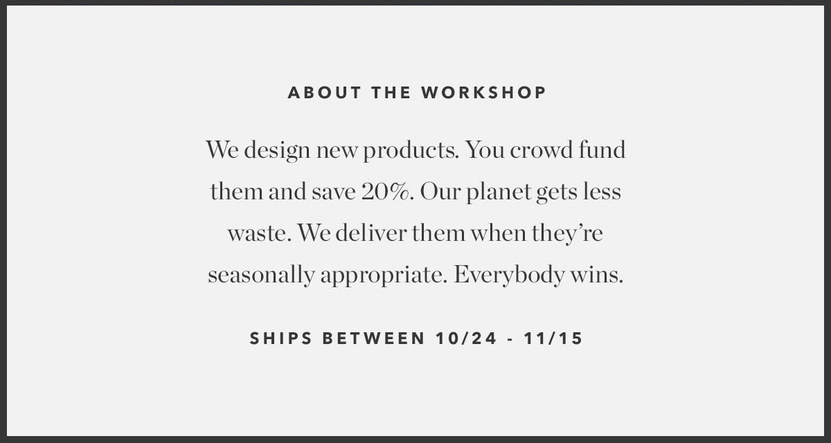 About the Workshop: We design new products. You crowd fund them and save 20%. 