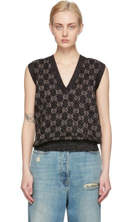 Gucci - Black & Beige Fine Cotton V-Neck Vest