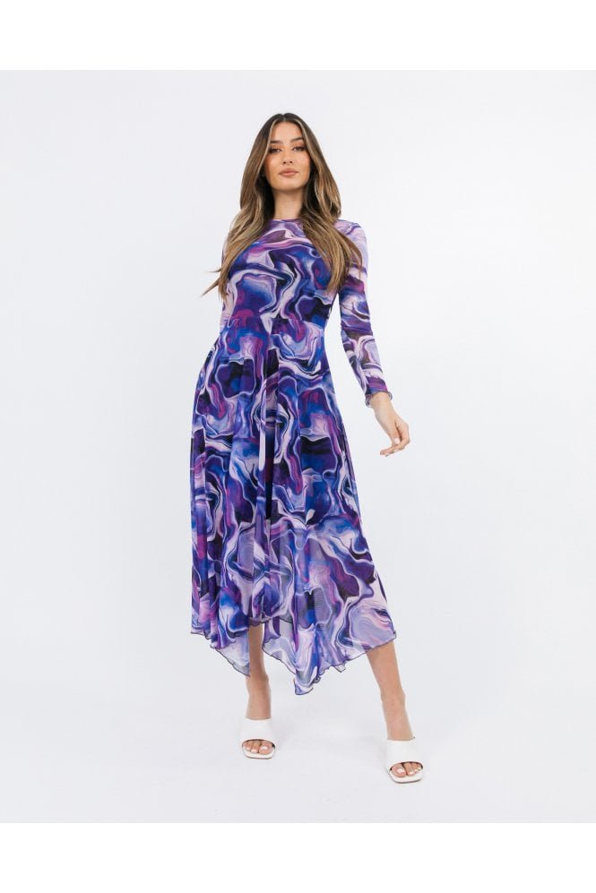 Hilda Handkerchief Hem Midi Dress In Purple Swirl