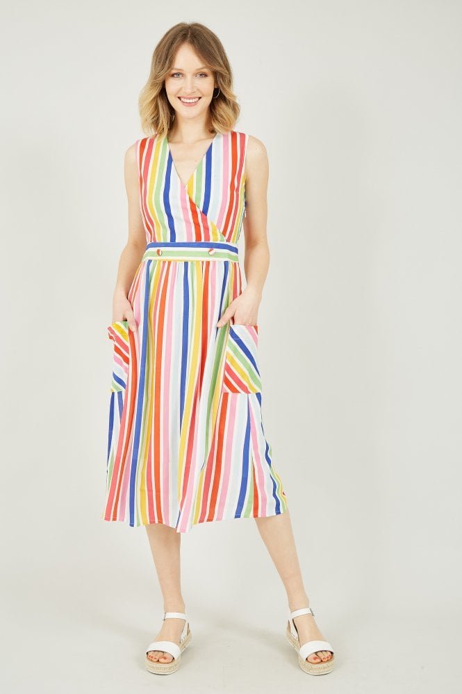 Yumi Multi Coloured Wrap Dress With Pockets
