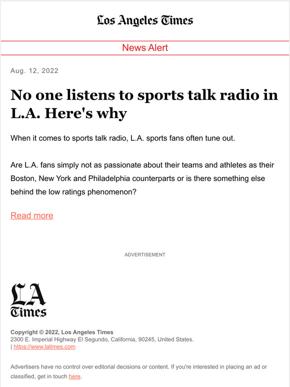 Los Angeles Times No one listens to sports talk radio in L.A. Here's