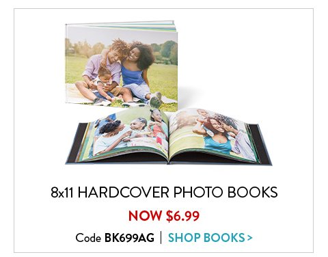 8x11 Hardcover Photo Books Now six dollars and 99 cents  use code BK699AG. Click to shop books
