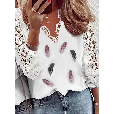 Spring  Summer Fall Women‘s Lace Lace Top Printing Stitching Feather Long-Sleeved Shirt Blouse