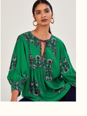 Floral large scale ¾ sleeve smock blouse green