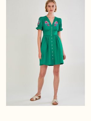 Embroidered knee length dress in sustainable cotton green