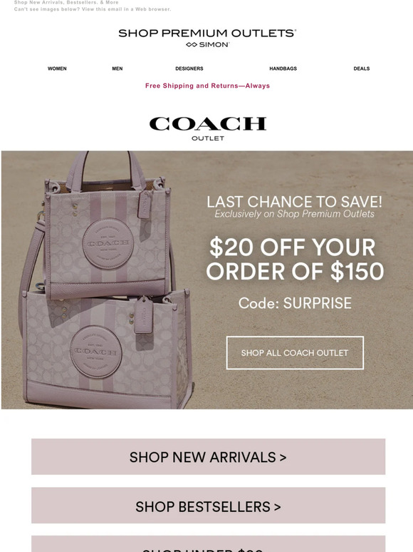 Shop Premium Outlets: COACH Outlet: $20 off $150 Orders Ends Tonight! |  Milled