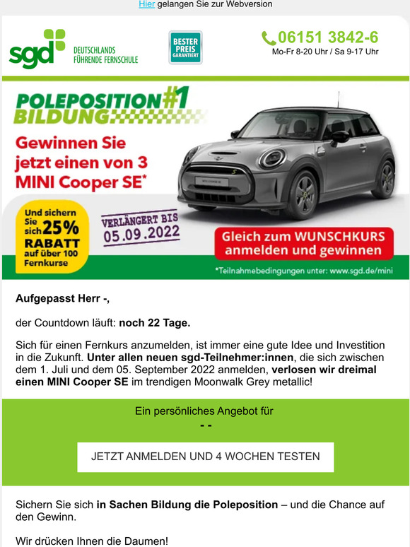 Noch 22 Tage: Fernkurs belegen und MINI Cooper SE gewinnen