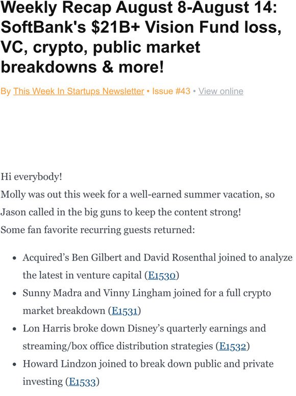 Weekly Recap August 8-August 14: SoftBank's $21B+ Vision Fund loss, VC, crypto, public market breakdowns & more!