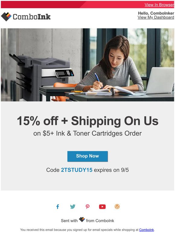 Your  ink order with 15% off is ready now.