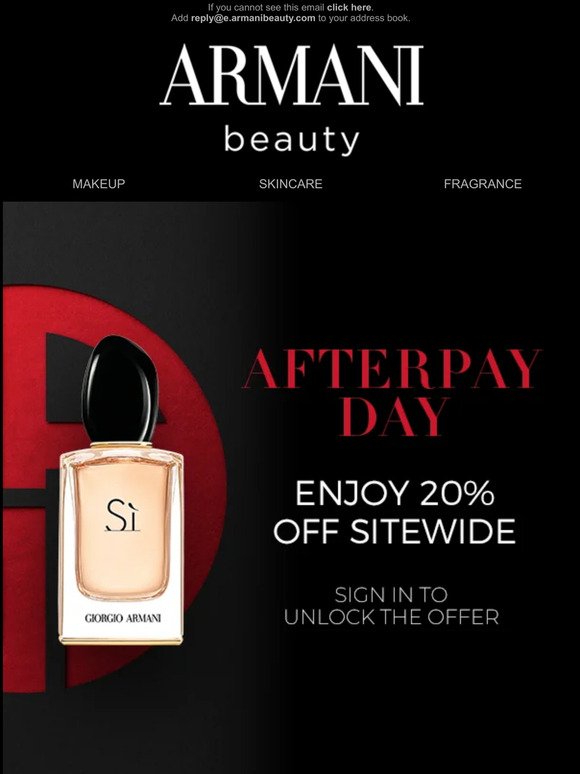 —, enjoy 20% off sitewide for Afterpay Day