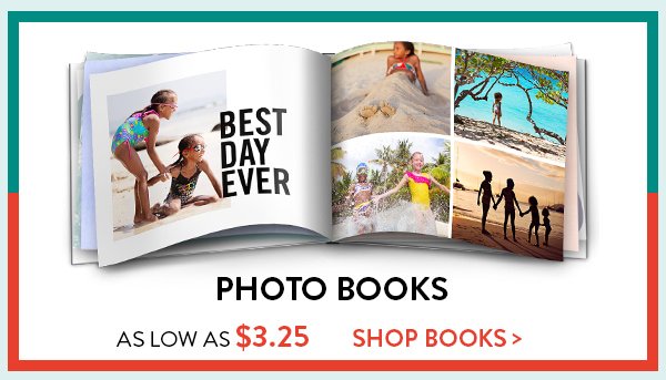 Photo books as low as three dollars and twenty five cents. Click to shop books.