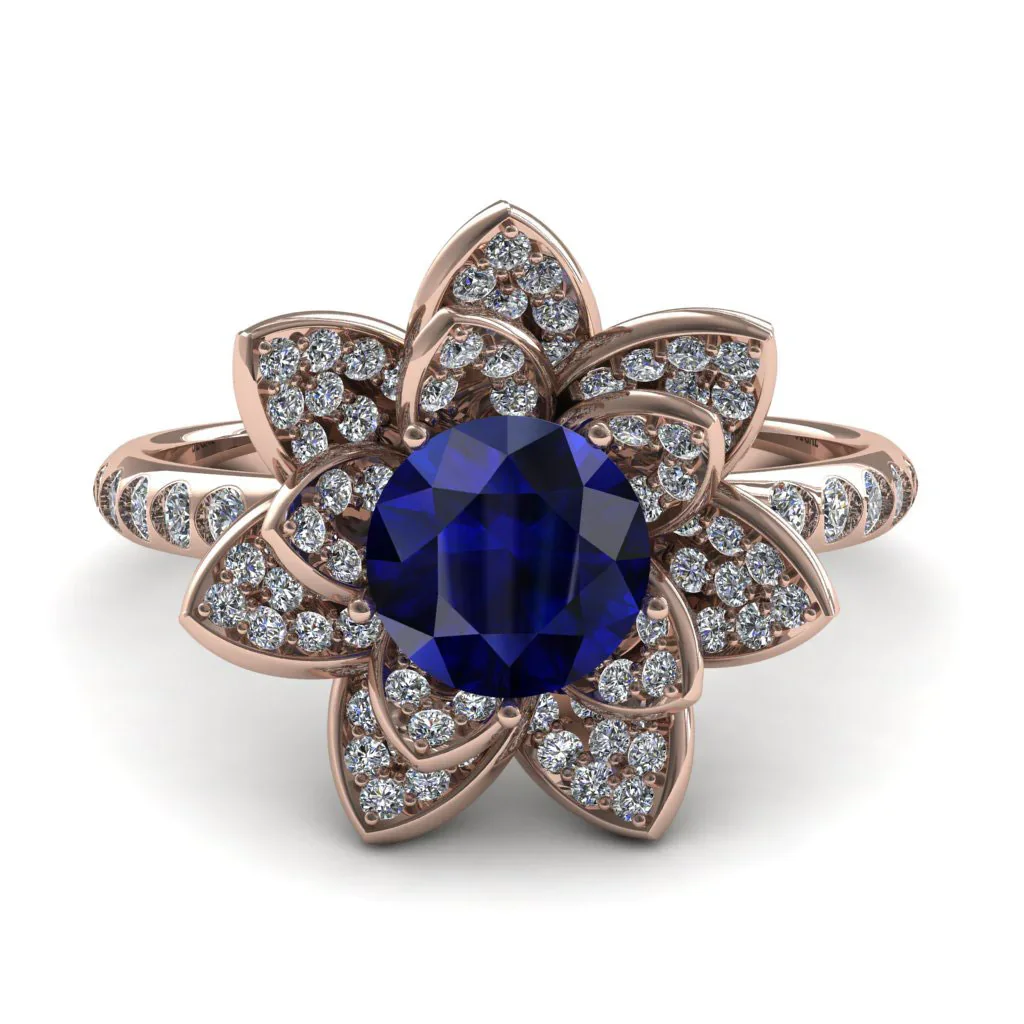Image of Lotus Sapphire Rose Gold Diamond Flower Ring - Princess Lotus no. 12