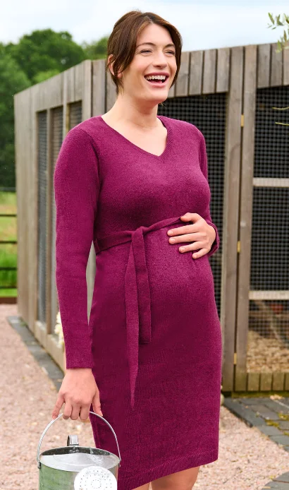 Raspberry V-Neck Knitted Maternity Dress