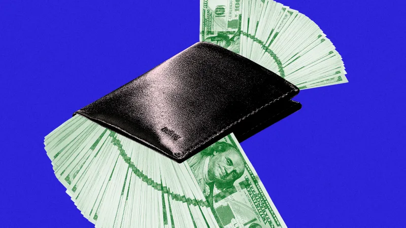 A collage of a slim black wallet with hundred dollar bills fanning out of it