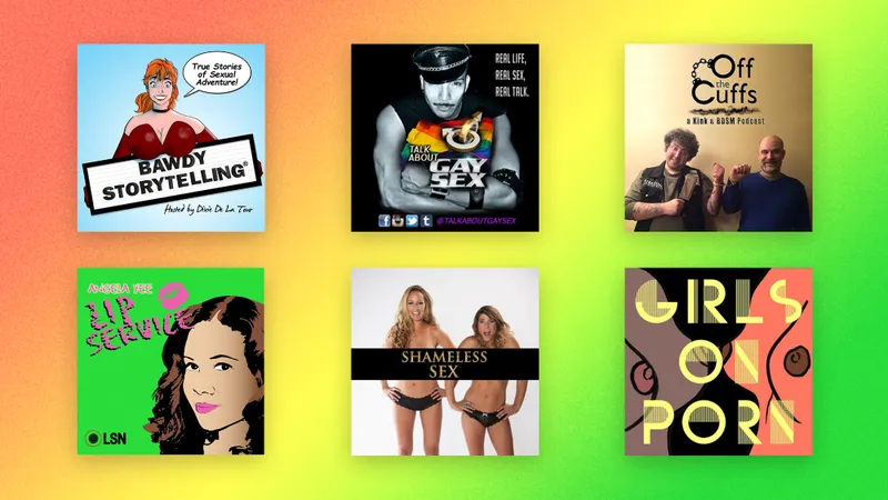 Podcast covers on a gradient background