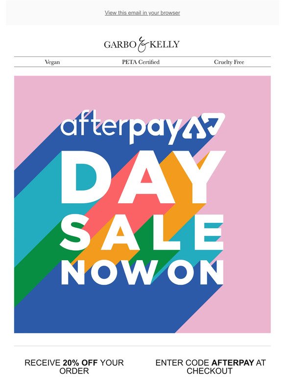 20% off AFTERPAY sale - starts tomorrow - Ends 21 August at Midnight