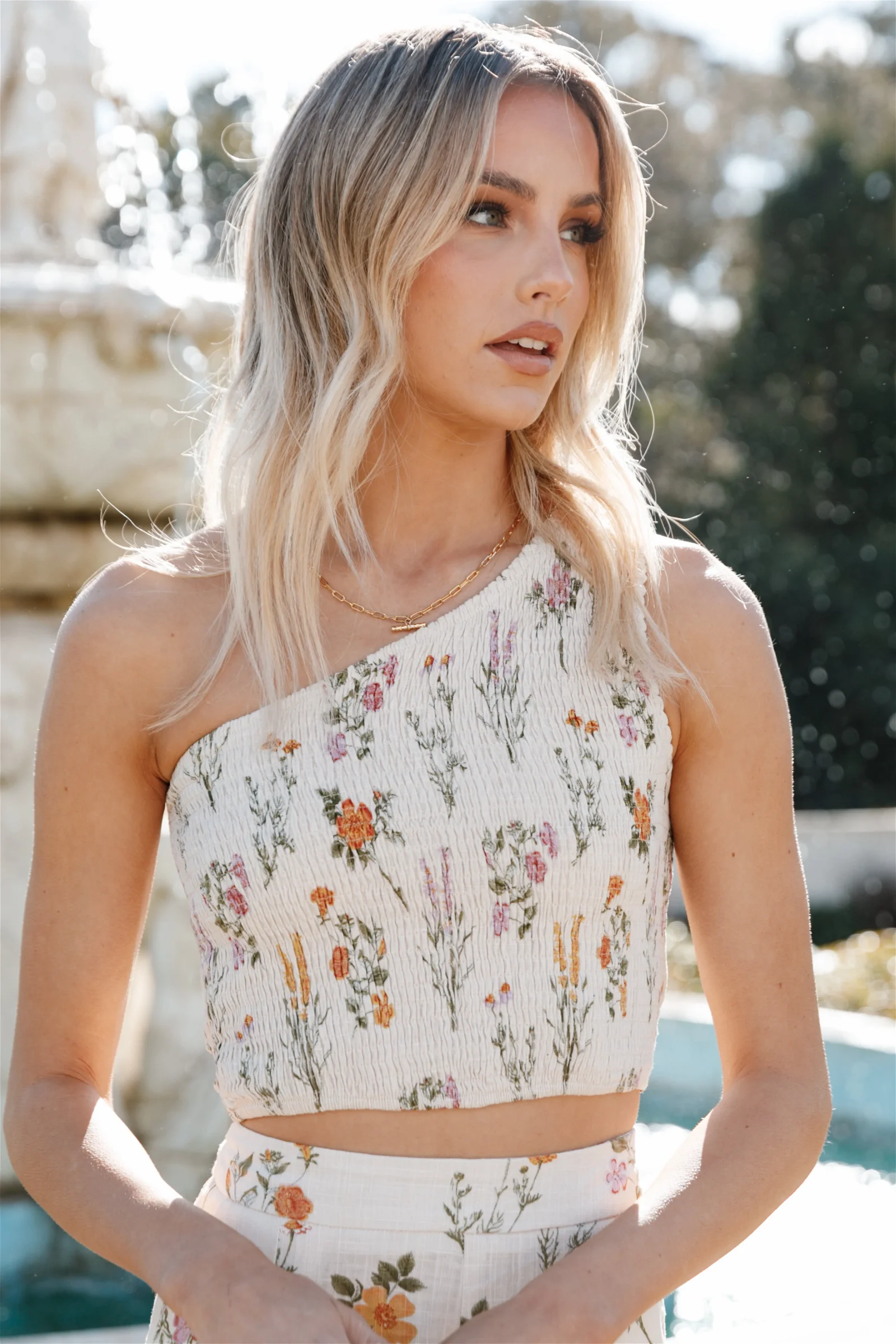 Image of August Shirred Cropped Top - Beige Floral