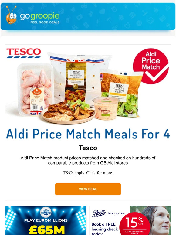Go Groopie The Tesco Aldi Price Match is Back Make a meal for 4 for