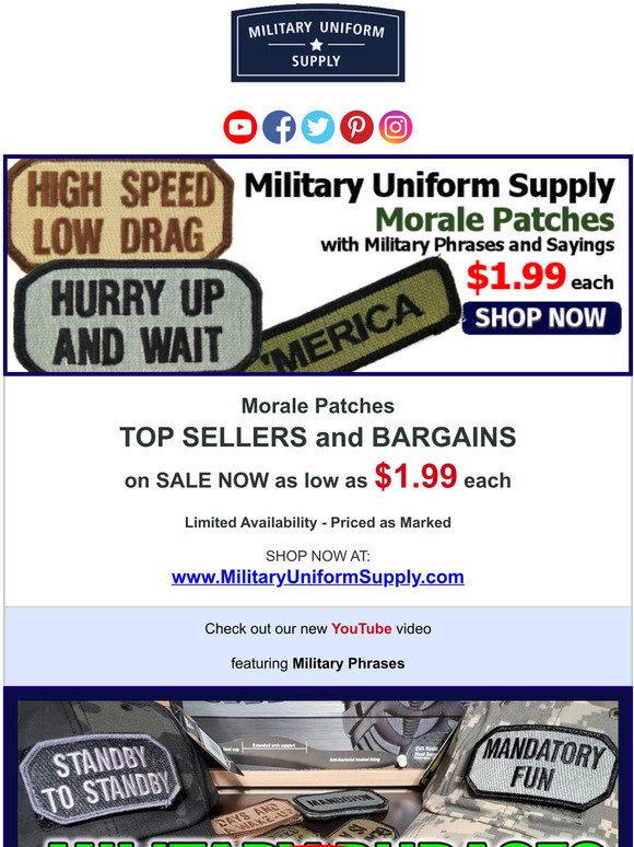 "Hurry Up and Wait" and more Military Phrase Patches as low as $1.99 each!