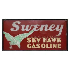 Sweney Sky Hawk Gasoline SS Tin Smaltz Sign & Frame