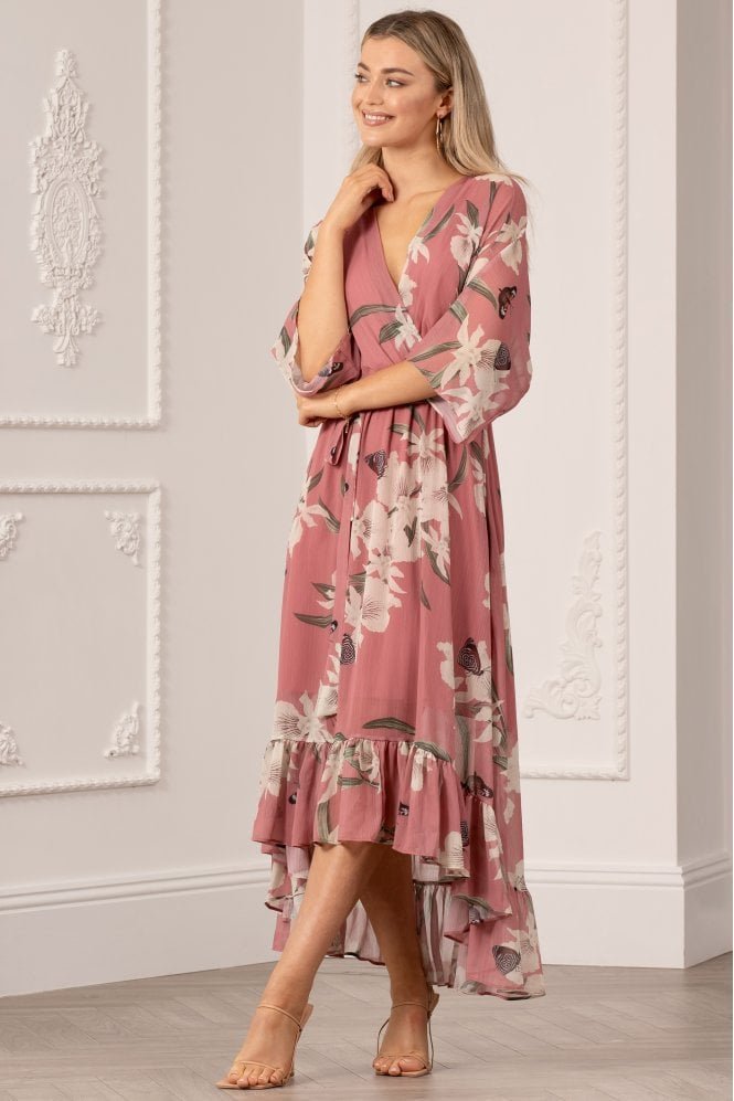 Floral Print Kimono Midi Wrap Dress Peach