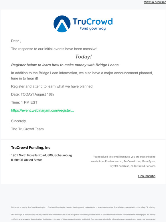 TODAY! - Important Update from TruCrowd Funding’s Bridge Loan Program