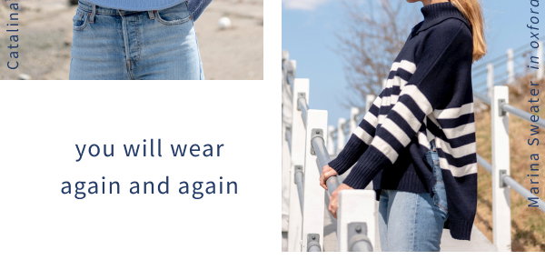 Our Marina Sweater is a foldover split neck designed with all the favorite MERSEA features—split sides, relaxed fit, easy care. Placed striping details along the bodice and arms is an ode to our maritime spirit, with a heavier gauge yarn promising long-lasting comfort. Now available in 2 colors.