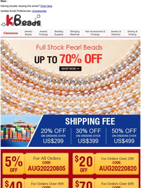 Full Stock Pearl Beads on Sale + Up to 50% OFF Shipping Fee Discount + US$130 Free Coupons