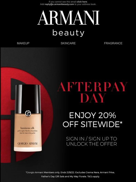 Ending tomorrow | 20% off sitewide Afterpay Day offer