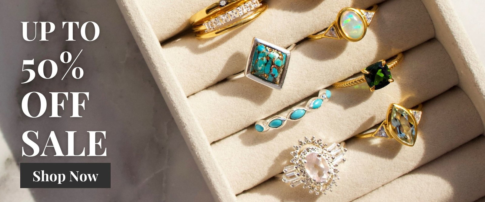 Carrie Elizabeth sale banner with gemstone rings