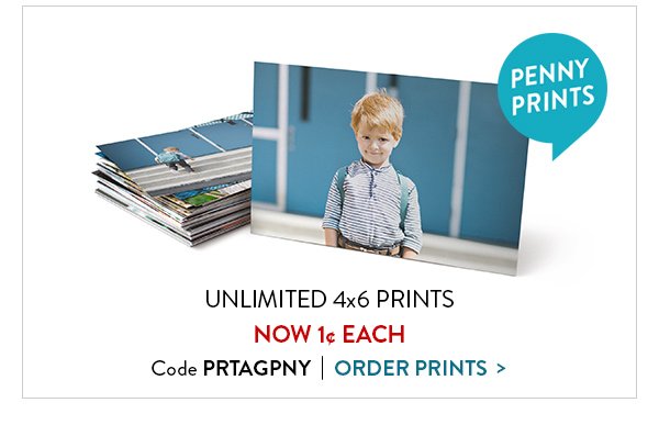 Unlimited 4 by 6 prints for one cent each.  Use code PRTAGPNY for penny prints.  Click to order prints.