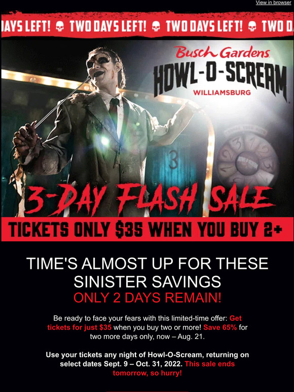 Busch Gardens ☠️ TWO DAYS LEFT Save 65 on HowlOScream Tickets Milled