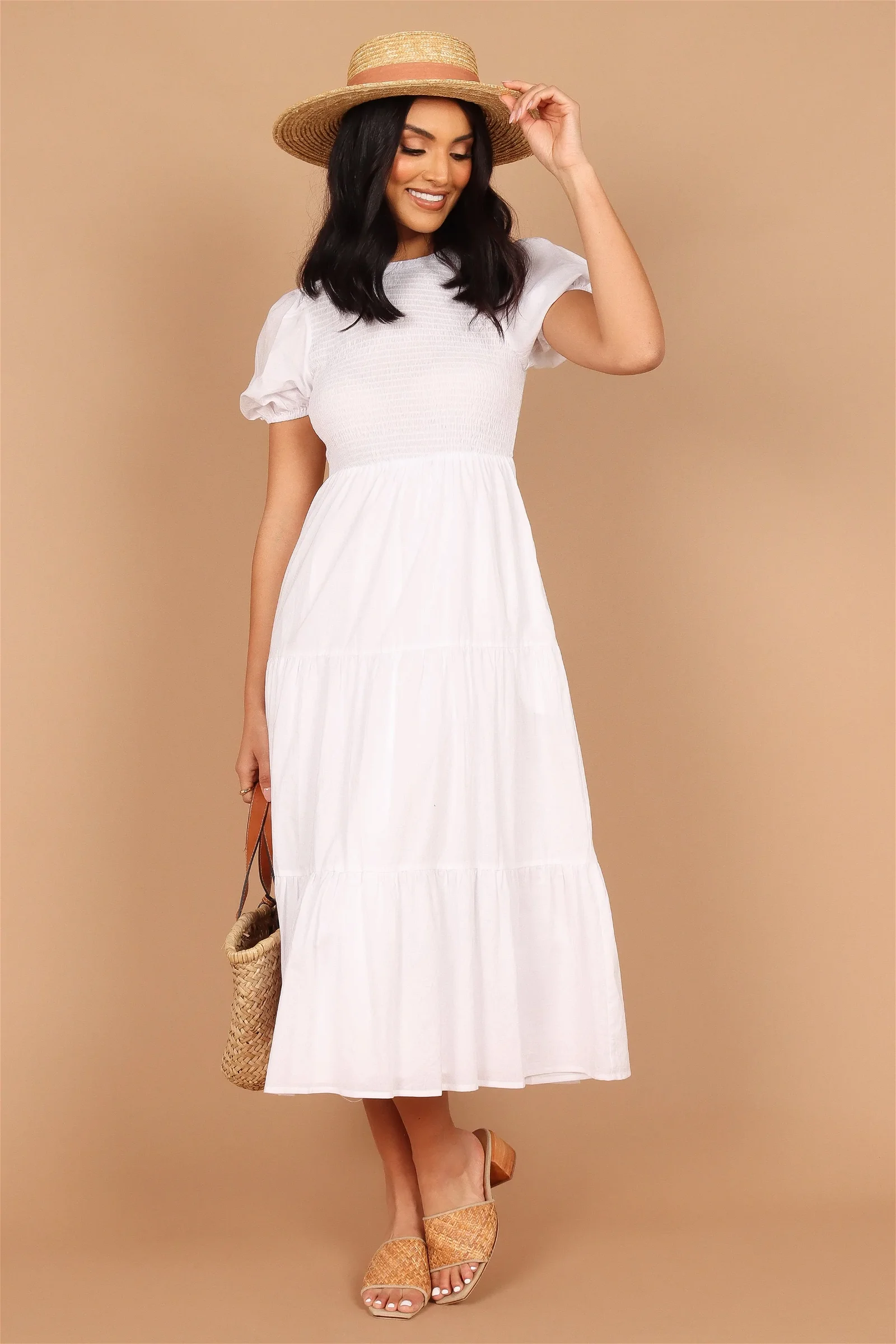 Naura Shirred Tiered Midi Dress - White