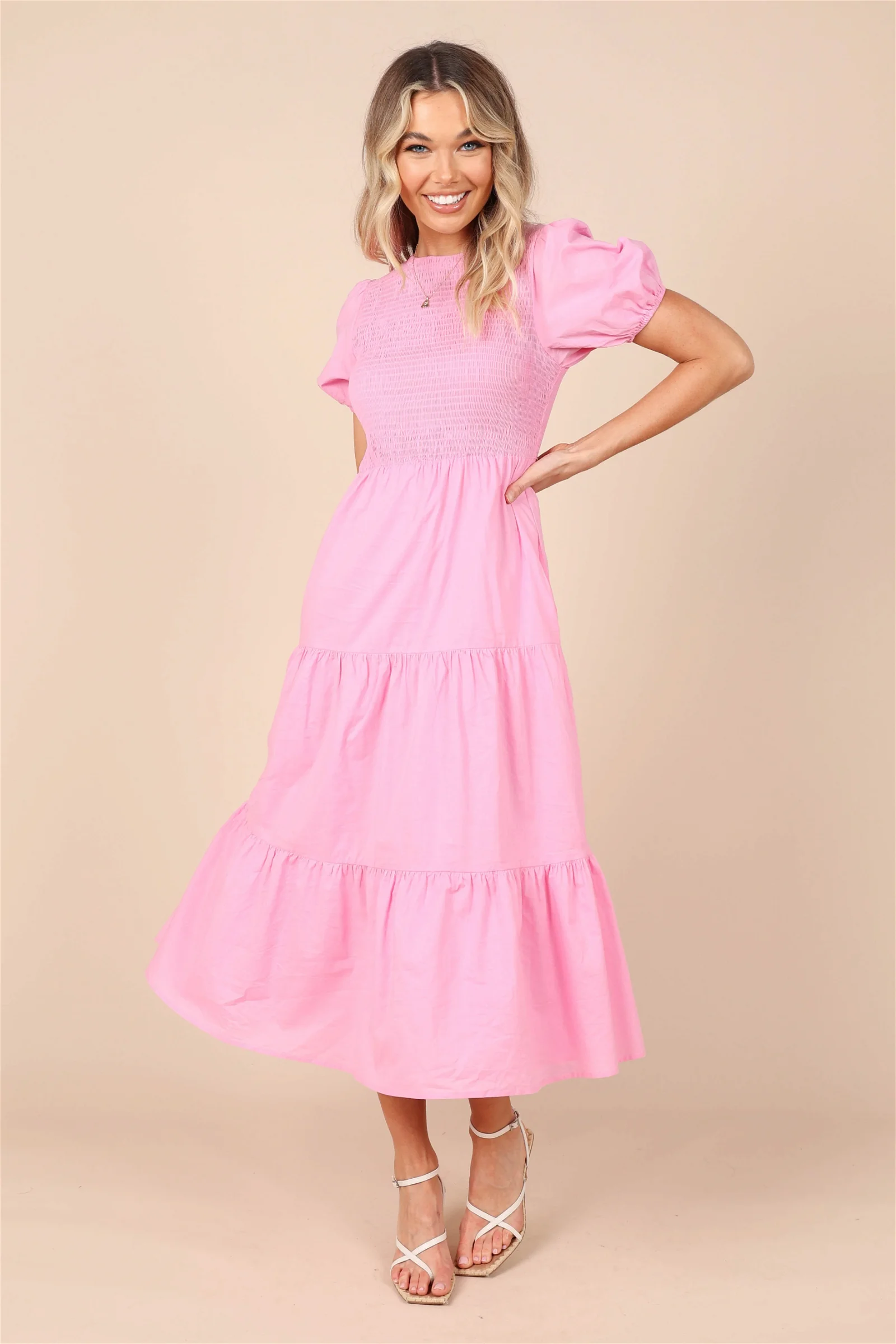 Naura Shirred Tiered Midi Dress - Pink