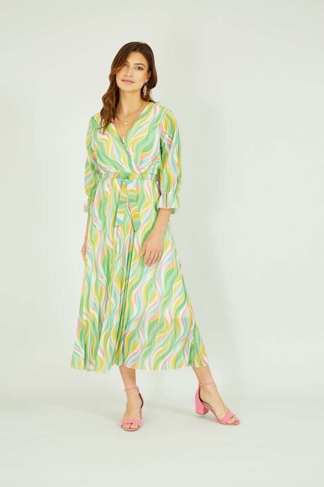 Yumi Green Swirl Print Pleated Dress With Belt