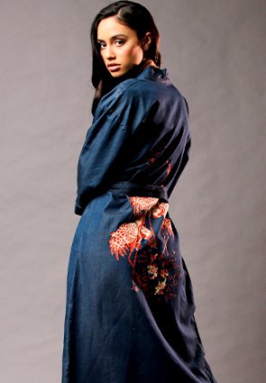 Kumiko Denim Bird Print Back Short Sleeve Kimono Duster Jacket
