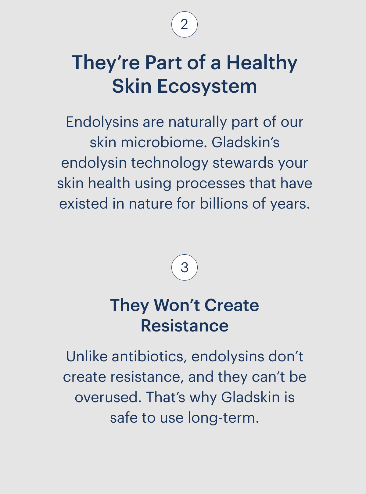 2 They’re Part of a Healthy Skin Ecosystem Endolysins are naturally part of our skin microbiome. Gladskin’s endolysin technology stewards your skin health using processes that have existed in nature for billions of years.  They Won’t Create Resistance  Unlike antibiotics, endolysins don’t create resistance, and they can’t be overused. That’s why Gladskin is safe to use long-term. 