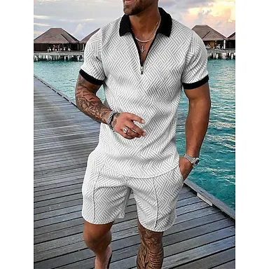 Men's Casual Color Contrast Polo Zipper Lapel Shirt Short-sleeved Suit