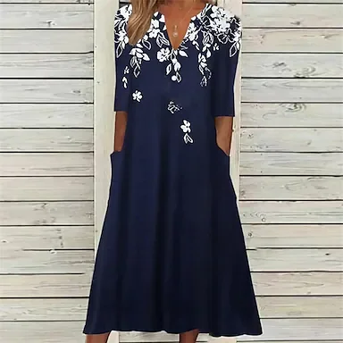 Women's A Line Dress Midi Dress Navy Blue Short Sleeve Floral Pocket Print Spring Summer V Neck Casual Vacation 2022 S M L XL XXL 3XL